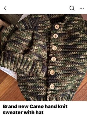 Hand-Knit Kids Camo Sweater & Hat Set - Green Camo  fits 12- 24 month